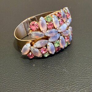 Vintage Caviness Hobe Lavender Givre Opal Cabochon Rhinestone Clamper Bracelet